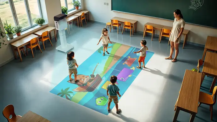 Children in a classroom with an interactive projection